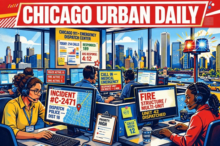 Chicago 911 dispatch center editorial illustration