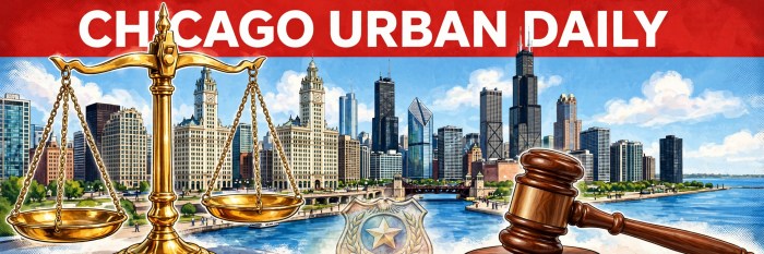 CHICAGO URBAN DAILY editorial illustration of scales of justice and a gavel over the Chicago skyline