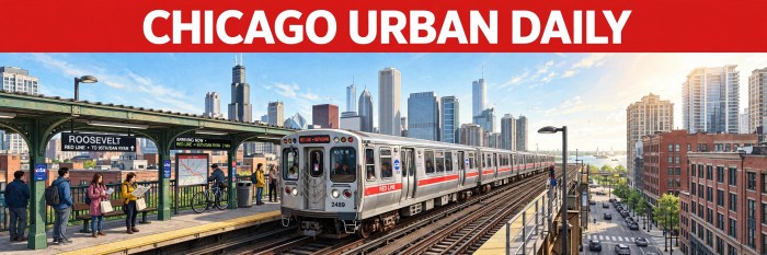 CHICAGO URBAN DAILY illustration of a CTA Red Line train at a Chicago station