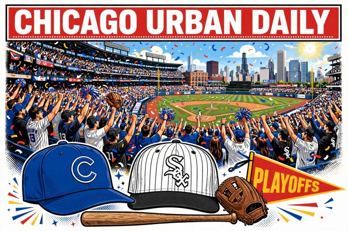Cubs and White Sox playoff celebration illustration