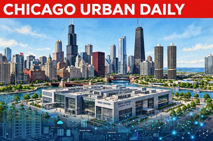 CHICAGO URBAN DAILY illustration of a Chicago data center with the downtown skyline