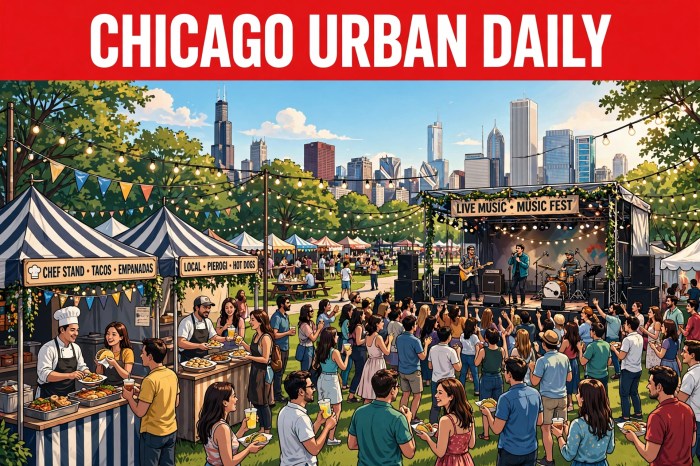 CHICAGO URBAN DAILY illustration of a Chicago food and music festival in a park