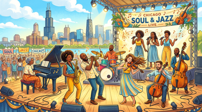 Illustration of musicians performing Chicago soul and jazz live outdoors