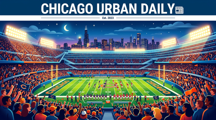 Chicago Urban Daily, Est. 2023, Soldier Field, Chicago football stadium at night