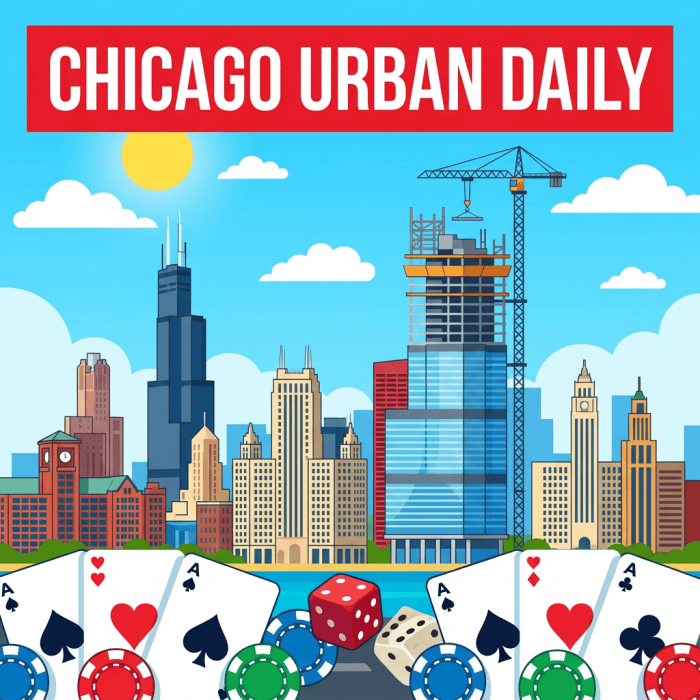Chicago Urban Daily skyline graphic with playing cards, casino chips, and dice