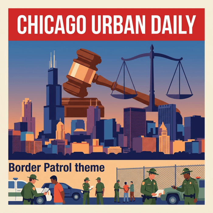 Gavel and justice scales over Chicago skyline