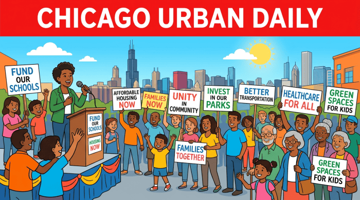 CHICAGO URBAN DAILY; FUND OUR SCHOOLS; AFFORDABLE HOUSING NOW; FAMILIES NOW; UNITY IN COMMUNITY; INVEST IN OUR PARKS; BETTER TRANSPORTATION; HEALTHCARE FOR ALL; GREEN SPACES FOR KIDS; podium: FUND OUR SCHOOLS, HOUSING NOW; FAMILIES TOGETHER; green spaces for kids