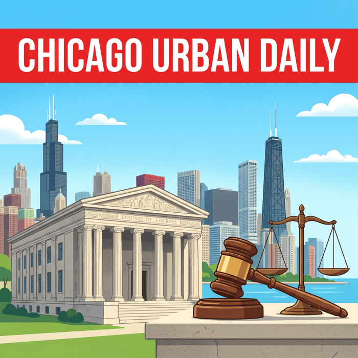 CHICAGO URBAN DAILY; courthouse labeled ENSTONS OF COURTS, gavel, scales, and Chicago skyline