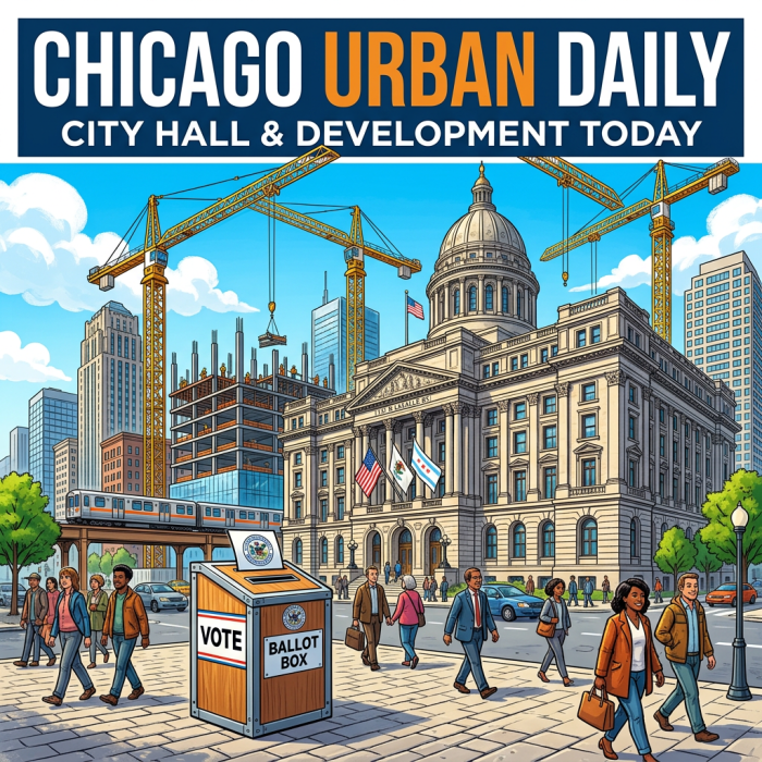 Illustration reading “CHICAGO URBAN DAILY” and “CITY HALL & DEVELOPMENT TODAY,” with City Hall, cranes, train, pedestrians, and a “VOTE” “BALLOT BOX.”